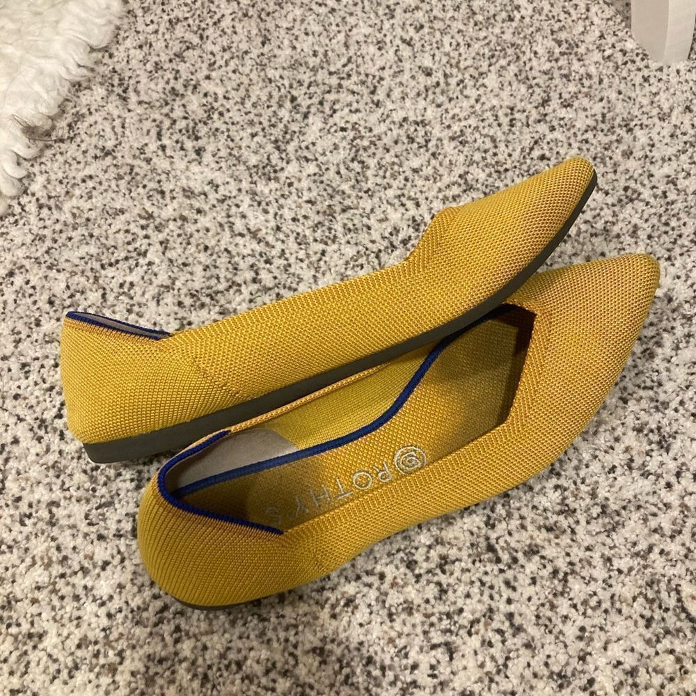 Rothy's Mustard Yellow Flats with Blue Trim